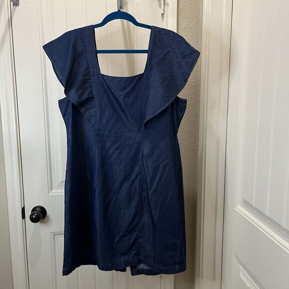 A New Approach Chambray Button Up Dress Ruffle Short Sleeve Womens Size L Blue - Picture 6 of 9